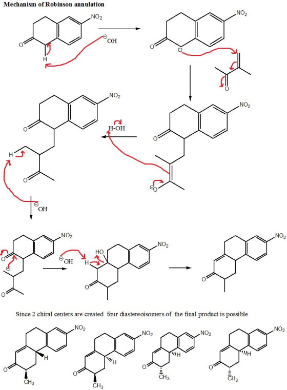 Mechanism of Rob inson annulation NO2 NO2 ОН NO2 .NO2 Н-ОН ОН NO2 .NO2 NO2 Но он Since 2 chiral centers are created four dias