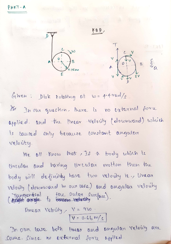 PART-A FBD T V A -B B 9.15m E 27 Given : Dick Rotating at w = 4 4 raud/s Is In our question, there is no external foru applie