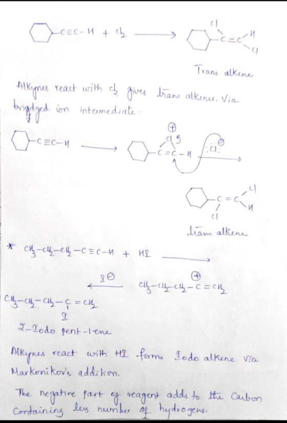 Ocec u + ch CEC-4 tch c zech 1. Trans alkene Alkynes react with ck gives trans alkenu. Via brigdged on intermediate . \c=c-1