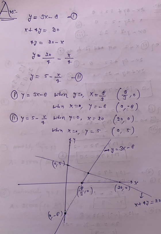 A y = 3x-d et xt&y= 20 20-X at ti tokio pop stog yo V - 2 Ep tre 4 y = 5-* - ② y = 8x=0 when ys, x = 8 (3,0) when ***, Y5-0 (