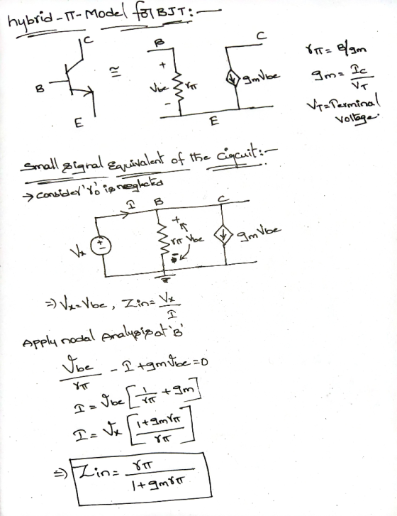 hybrid - IT- Model for BJT: с. *I= elam gmibe Vie Im= Pc VT Ve=Terminal voltage E E small signal Equivalent of the circuit :-