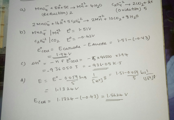 Mu + 4H₂O b) Mnou +8th+se C₂042 2002+2e (Reduction) 2 (oxidation) 5 2 mnon +16 h + 5620172 → Zn + loco,+ 8 H2O. Mnou l M 8 =