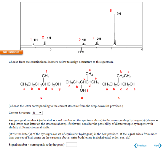 9H 1 1H 2 1H 31H 4 2H Not Submitted PPM Choose from the constitutional isomers below to assign a structure to this spectrum.