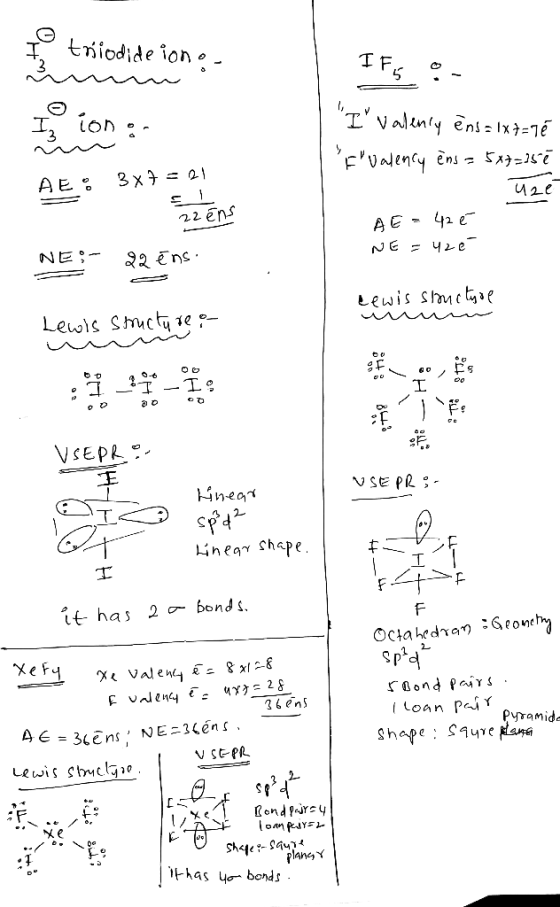 tniodide ion o. I Fs I ion :- Ivaleny ēni z Ix7=1é Fvalency èns = 5x7=167 3x7 = 21 AE : Uze 22 éns AE - 42 e- NE = 42e