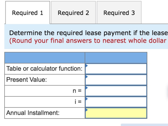 Required 1 Required 2 Required 3 Determine the required lease payment if the lease (Round your final answers to nearest whole