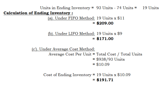 19 Units Units in Ending Inventory = 93 Units - 74 Units = Calculation of Ending Inventory : (a). Under FIFO Method: 19 Units