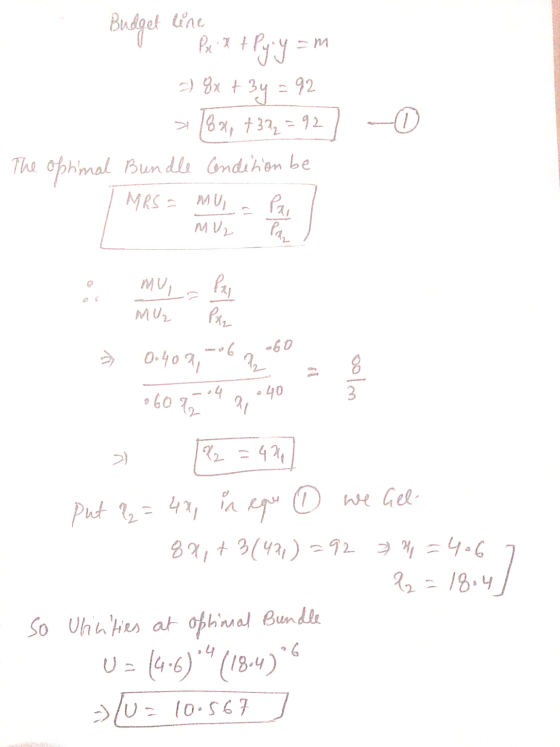 Budget line Duager Prxt Py: y = 2 8x + 3y = 92 x 181, +372 =927 - The optimal Bundle Condition be MRS - mu - Pa MUZ | 0 - 6 M