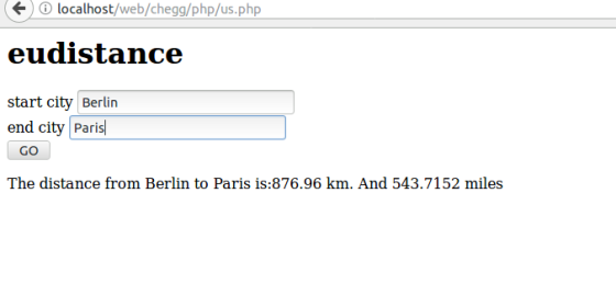 localhost/web/HomeworkLib/php/us.php eudistance start city Berlin end city Paris GO The distance from Berlin to Paris is:876.96 km.