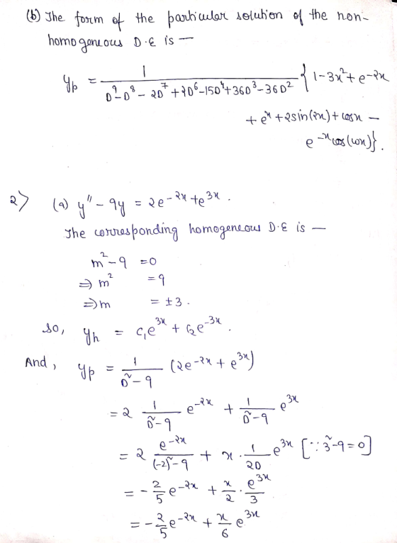 (6) The form of the particulari solution of the non homo geneous Dié is - yo como o + 40% so +269 2007 7 1-3rdt etike tellt e