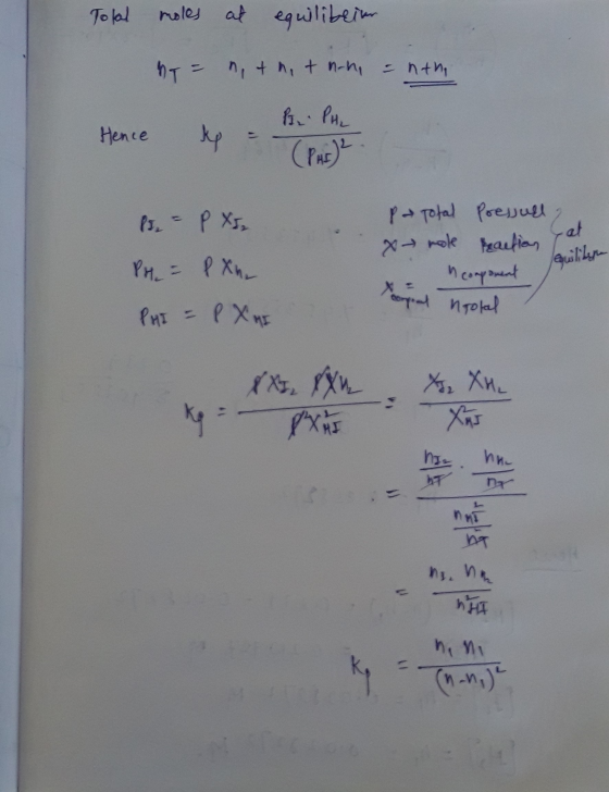 Total moles at equilibeir = nith, & non = ntha PL. PHL Hence Hence up to the ok Pre = p XI, PH₂ = PXnL PHI = P X HI P→ Total