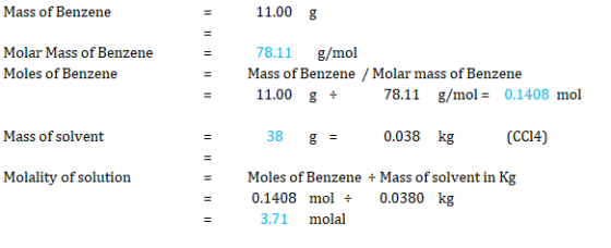 Mass of Benzene 11.00 g Molar Mass of Benzene Moles of Benzene 78.11 g/mol Mass of Benzene / Molar mass of Benzene 11.00 g 78