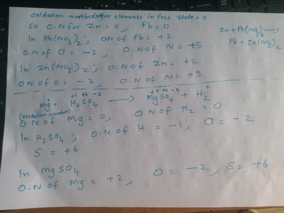 backspace o auchberlonfor elements in free state Rb=0 Zn + Pb(NO3)2 +1 +6 -2 oxidation so O.N for Znao In Pb (NO₂) on of Pb =