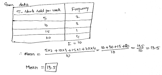 Giuen data, Frequancy week T- Shirb so per 15 Σ-10 185 10 10 +30 +15 5x2 +10x3 +15x1+20x4 = 13.5 : Mean = 10 Mean =13.5