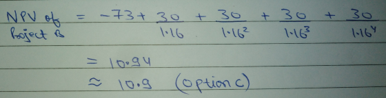 NPV of = -73+ 30 + 30 + 30 + 30 Project B 1.16. 1-162111631-169 = 10ogy ř 100g (option()
