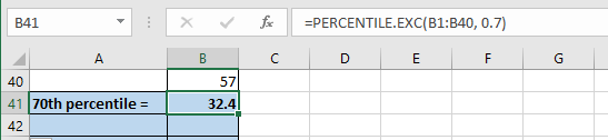 B41 MT v/ ? -PERCENTILE.EXC(B1:840, 0.7) 40 41 70th percentile 42 57 32.4