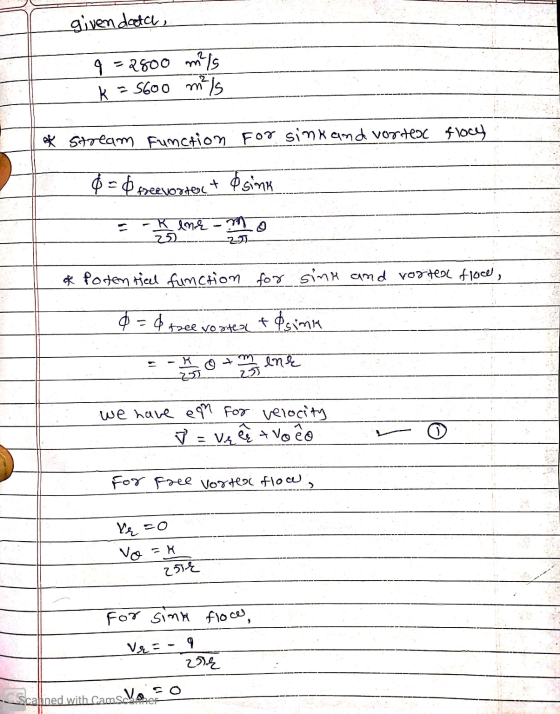 givendatae, 9 - 2800 m?ls k=5600 m²ls * stream function for sink and vortex flocy &=&freevortent & sink = -x lne - 1110 -21 o