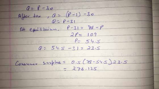 Q = P-30 After tax , o = (P-1)-30 Q=8-31 At equilibrium, P-31 = 78 - P 28= 109 P= 54.5 Q = 54.5-31= 23.5 Consumer surplus = 0
