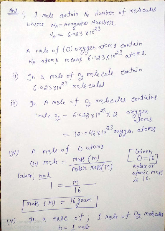 WHEN the is 1 mole contain NA Number of molecules where NA= Avogadro Number NA = 61023 xloro A mole of (0) oxygen atom & cont