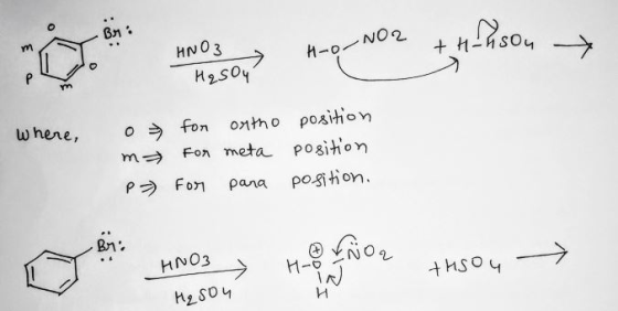 . HNO3 or NO2 Ho +H-nson & H₂SOy where, o m Pa) for ortho For meta For para position position position. ноз , немоа Андоч — H