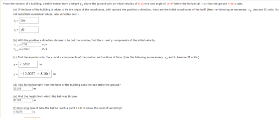 From the window of a building, a ball is tossed from a height y above the ground with an initial velocity of 8.10 m/s and ang
