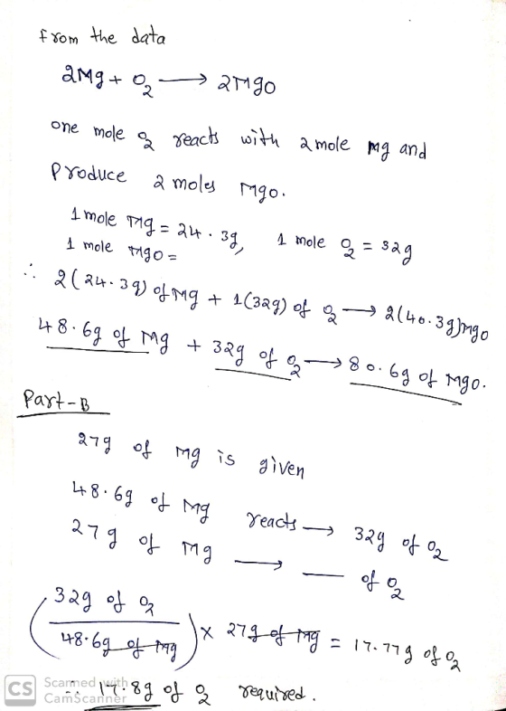from the data ама +о, — атмо one mole of reacts with a mole mg and produce a moles Mgo. 1 mole Mig= 24.39 1 mole oq = 32g 1 m