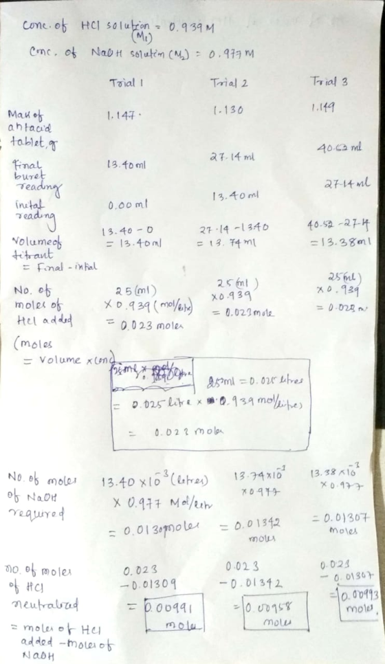 conc. of Hel solution - 0.939 m (M) solutim (M) - Conc. of Nal 0.977 m. Trial 1 Trial 2 Trial 3 1.149 1.130 1,147 • Mass of a