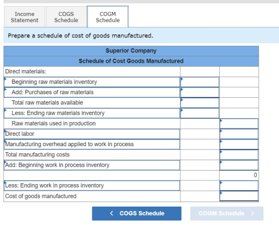 Income Statement COGS Schedule COGM Schedule Prepare a schedule of cost of goods manufactured. Superior Company Schedule of C