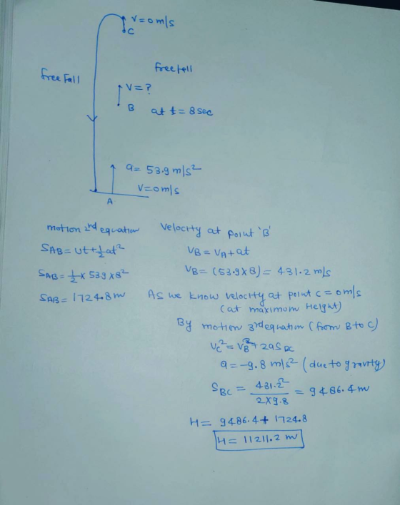 Iv=omls free freetell Fall V=P B at t=8 sec 9= 53.9 m/s² I vzomls motion and equation SAB=uttat? SAB= £x 539x8² SAB=1724.8m V