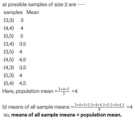 a) possible samples of size 2 are ---- samples Mean (3,3) 3 (4,4) 4 (5,5) 5 (3,4) 3.5 (3,5) 4 (4,5) 4.5 (4,3) 3.5 (5,3) 4 (5,