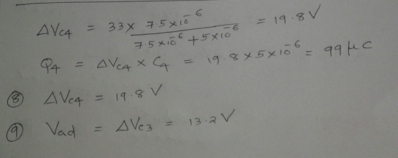 = 33x 7.5x156 A Vc4 = 19.8V 7.58106 + 5x06 & 9 P4 = OVCA X 4 = 19.845 x 100 = 99fc AVeq = 19.8V Vad - Ave3 = 13.2V