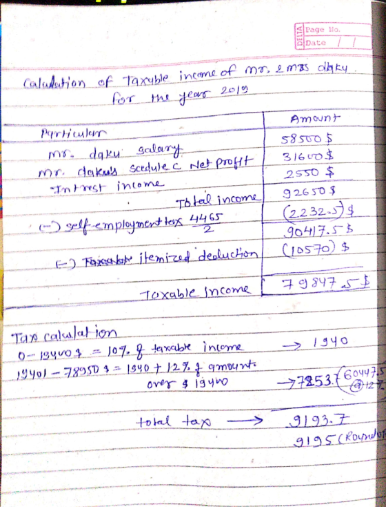 Spage to Calculation of taxable income of mo, amas daky for the year 2010 Amount particular mr. daku galary mr. dakus Scedul