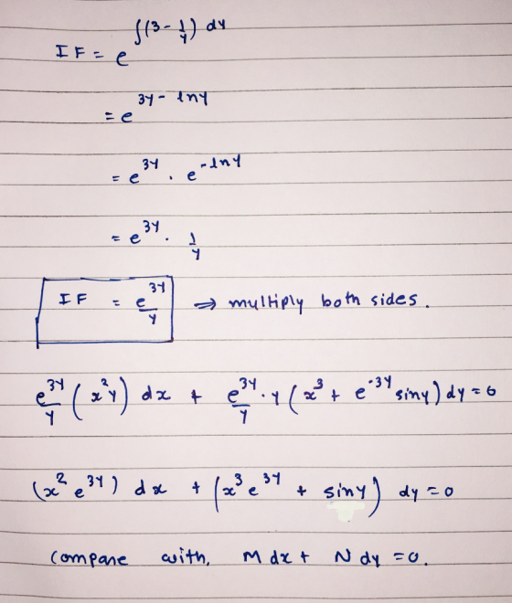 113-4) dy IFE 34- eny e- Festeniny 34 Inn IF a multiply both sides. Fre) - mulhey both sides. (xi) dz + 4.4(20 + e.siny) 2y =