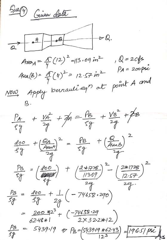 Sun Griere detit 2 Asean = (12)=113.09 ime Area (B) = f (4) ² = 12.57 in ,Q=2cfs PA- 21 point A and ле Nowo, Apply bernauliem