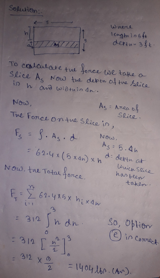 Solution Where length is bft deptuu3ft. an // To calculate the force we take a Slice As Now the depth of the slice is h and w