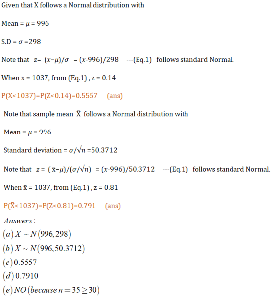 Given that X follows a Normal distribution with Mean 996 Note that z-(x-u)/σ-(x-996)/298 (Eq.1) follows standard Normal. When