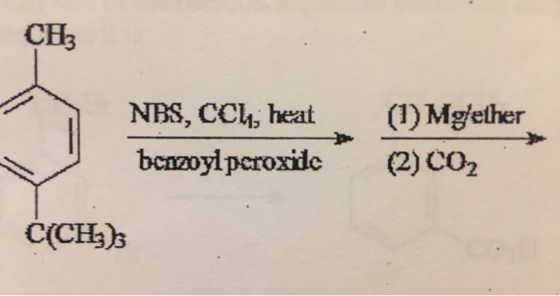 CH, NBS, CCW, heat benzoyl peroxide (1) Mgether (2) CO2 C(CH35