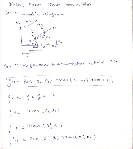 given Polar Planar manipulator (a) Kinematic diagram Yo az yi Xi 1 x oi Та, di I oh (b) Homogeneous transformation matrix H
