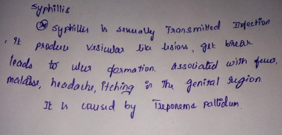 I 9 Syphillis syphillis is senually Transmitted Infection Produu vesicular lila lesions, get break leads to wear dermation. A