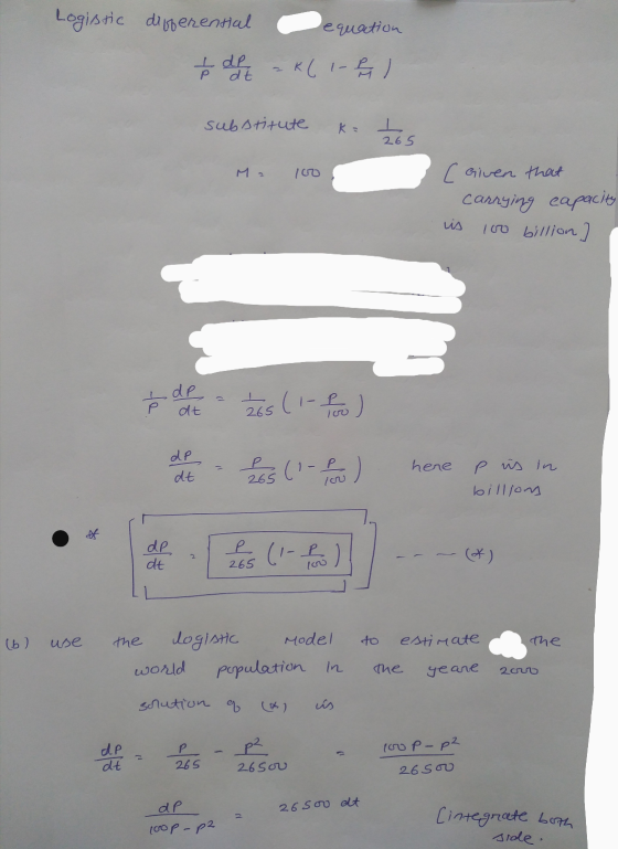 Logistic differential equation + de - K(1-2 substitute ㅗ 265 [ Given that carrying capacity 100 billion) lis & de 245 (1-eve