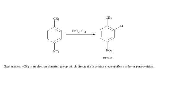 CH3 CH3 Cl FeCl3, CI2 NO NO2 product Explanati on: -CH3 is an electron donating group which directs the incoming electrophile