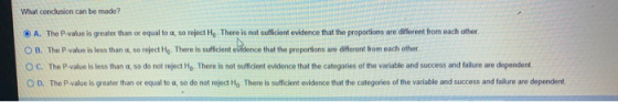 What conclusion can be made? A. The value is greater than or equal to , so reject H. There is not sufficient evidence that th