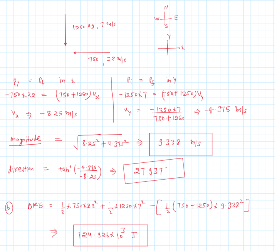 1250 kg, 7 m/s 750 22ms P = Pt -750X22 = in a (750 +(250) se Pi = pt in y - 1250x7 = 17501 1250) y = -1250x7 756 +1250 x = -8