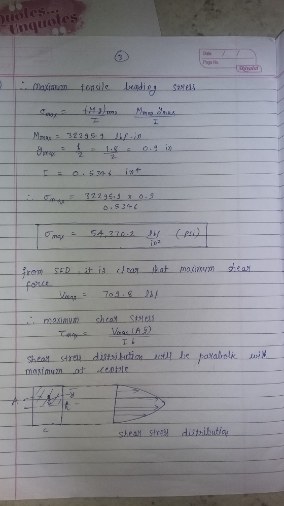 Duotes... Unquotes Date Page No. Shivalal Maximum tensile bending Stress +M ymax max Mmax Imax I Mmax = 3229 5.9 lbf -in max