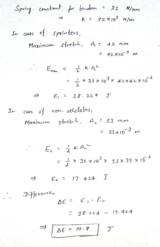 Spring 32 N/mm constant for tendom 32x103 N/m к In case of sprinters, Maximum stretch A = 42 mm = 42x103 m Emani / KA² * 32x1