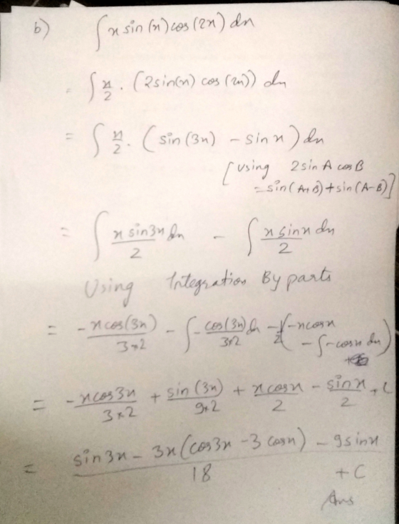 sin (m) cos (2n) dn Sa. (asin(n) cas (2n) du S. (sin (3n) - sinh) an [using 2sin A case Sin( Ar g) +sin (A-) a sinn an 2 Usi