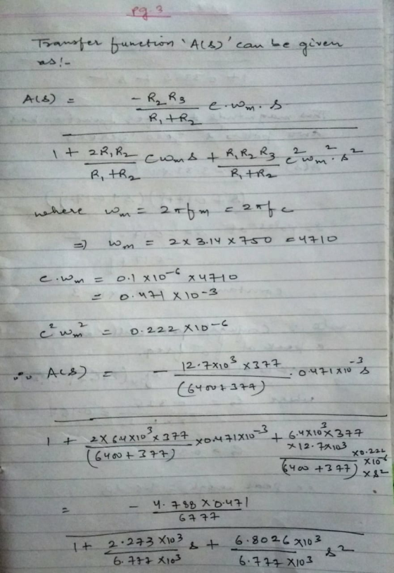 Transfer function Als) can be given. ALS) - R₂ R3 Rith, e wm. S 2 2 1+ 22, R2 const R, R₂ R3 2 R, tha RtRa nehere wm = 20 fm