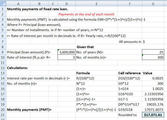 A B C D 1 Monthly payments of fixed rate loan. Payments at the end of each month 3 Monthly payments (PMT) is calculated using
