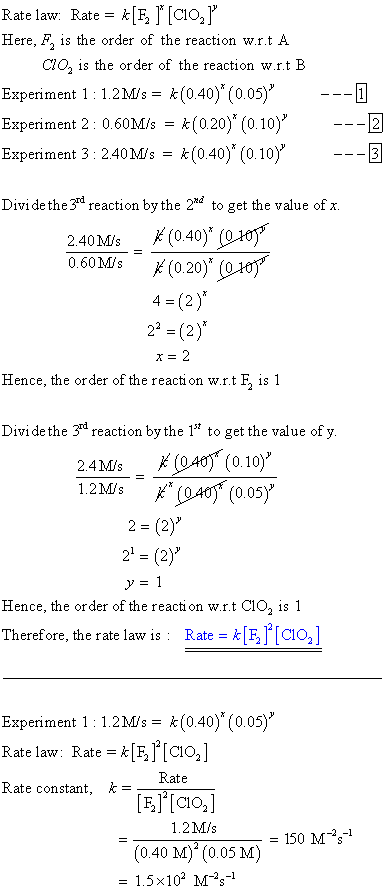Rate law Rate= k[Ęľ[CoJ Here, F is the order of the reaction w.r.tA ClO, is the order of the reaction w.rt B -1 Experiment 1