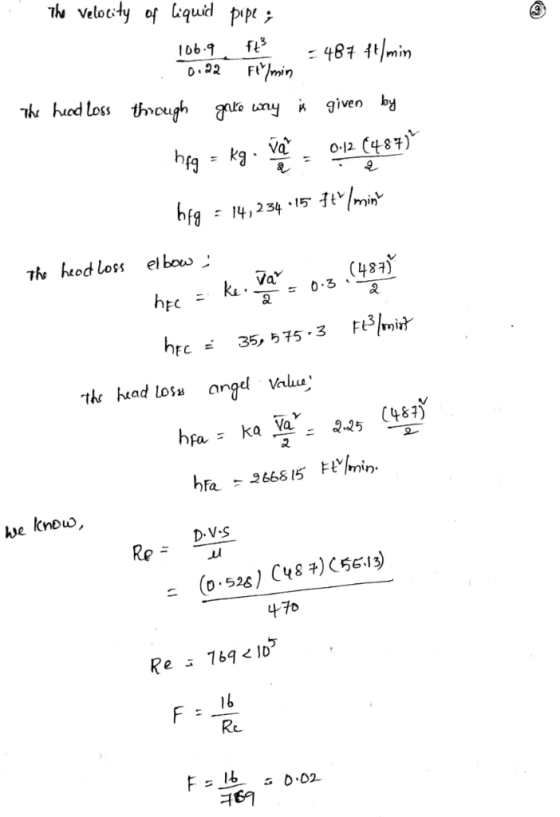 - The Velocity of liquid pipe & 106-9. ft -487 ft/min 0122 Filmin The head Loss through gate way is given by hfg - kg . Vậ0.1