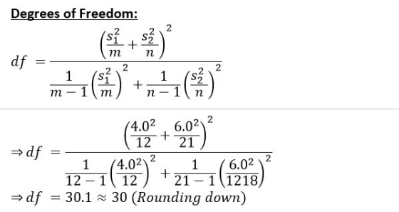 Degrees of Freedom: 2 2 т п df 2 .2 Si 2 ) 1 1 1 1 т т п п 6.02 12 21 4.02 df 2 2 6.02 4.02 1 1 21 1218 12 1 12 1 30 (Roundin